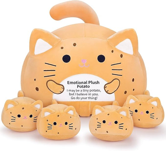 5 PCS Emotional Plush Potato Cat Stuffed Animal Family-19" Large Potato Cat Plush, Mommy Plushies with 4 Baby Kittens Plushies, Kawaii Pillow Christmas Birthday Gifts for Kids Boys Girls