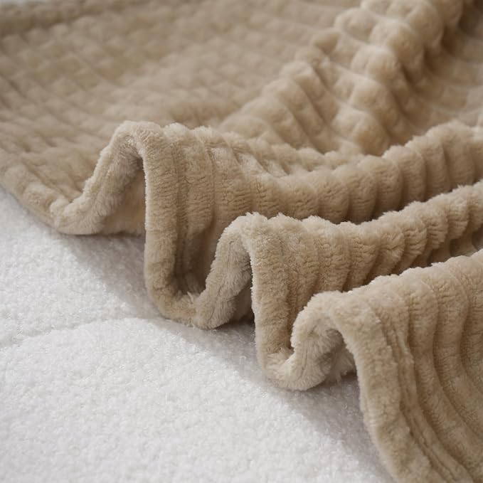 Puncuntex Fleece Throw Blanket Khaki 60"×80" with Square Grid Design | Super Soft Plush Cozy Flannel Throw Blanket Luxury for Couch Sofa Chair