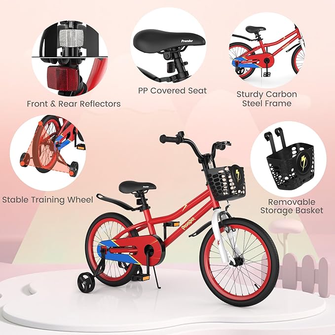 BABY JOY Kids Bike, 12 14 16 18 20 Inch Children Bikes for Boys Girls Teens 3-8 8+ Years w/Training Wheels or Kickstand, Handbrake, Coaster Brake & Removable Basket, Kids Bicycle of Multiple Colors