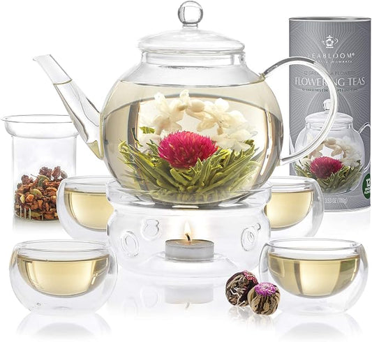 Teabloom Complete Glass Tea Set – Teapot (40 oz), Loose Tea Infuser, 4 Insulated Teacups, Tea Warmer with Candlelight, and 12 Flowering Teas – Elegant Blooming Tea Gift Set