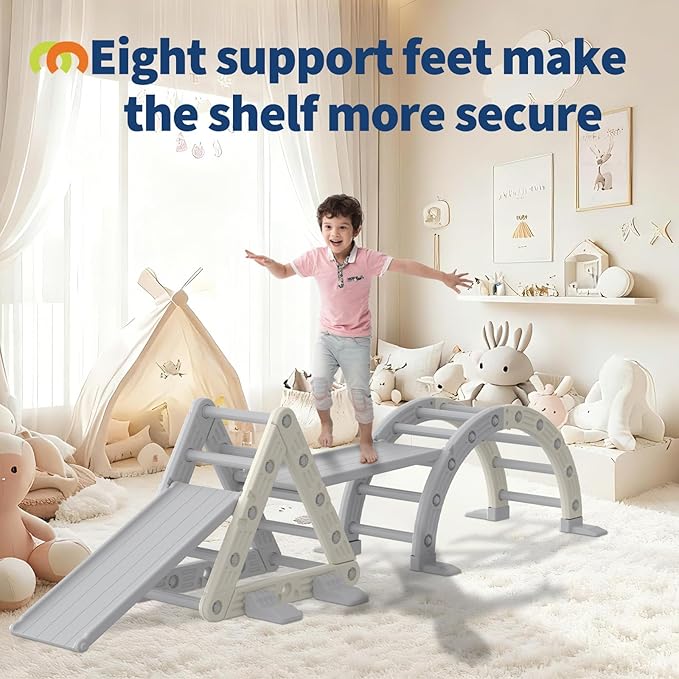 Garvee 9-in-1 Triangle Set, HDPE PP Plastic Climbing Set, Durable 1-8 Toddler Climbing Toys Indoor with Arch, Ramp, Ladder & Slide, Indoor Playground Jungle Gym Playset, White