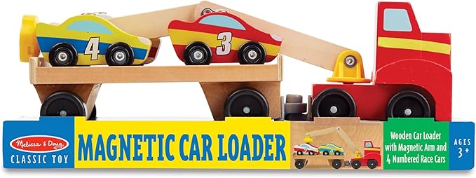 Melissa & Doug Magnetic Car Loader Wooden Toy Set with 4 Cars and Toy Truck - Pretend Play and Race Car Fun for Preschool Toys, Ages 3+