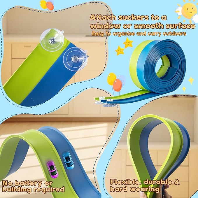Flex Tracks 15 Ft for Kids Starter Set, Flexible Race Car Ramp Track with Suction Cups Compatible with Hot Wheels and Diecast 1/64th Cars for Ages 3 & Up (Green & Blue)