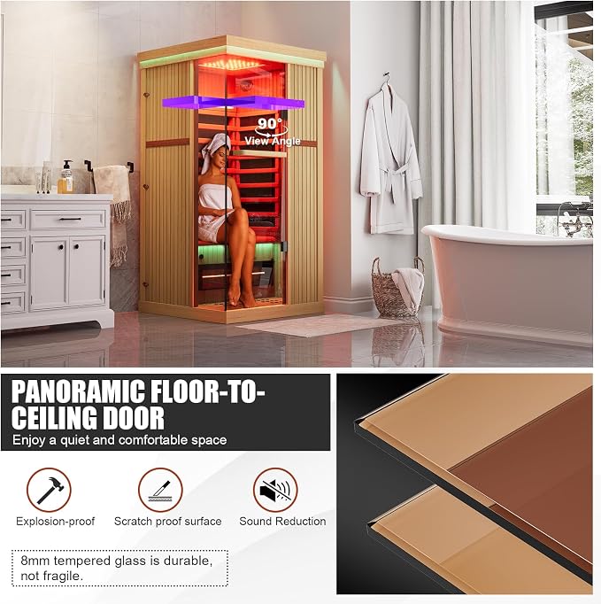 MEISSALIVVE Full Spectrum Infrared Sauna，1 Person Home Sauna，Canadian Hemlock Wood Indoor Spa Sauna with Resonance Speaker and Tempered Glass