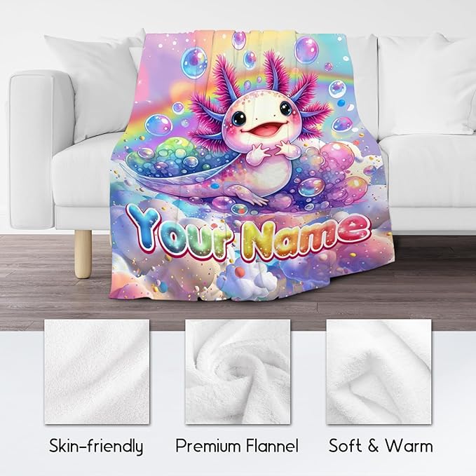 Axolotl Blanket Gifts - Personalized Girls Blankets for Kids - 4 Sizes Soft Cute Throw for Toddler