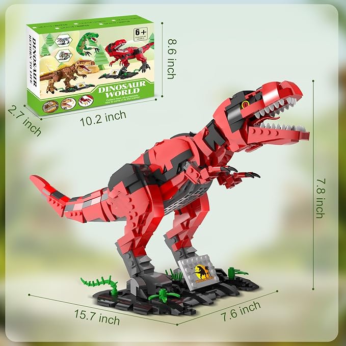 Dinosaur Building Blocks Toys for Kids Ages 6-14 | STEM Building Block Set, Christmas Birthday Gift for Boys Ages 6-8 7-9 8-14 (RED)