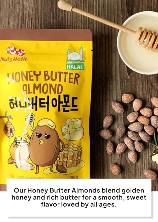 Korean Food Nuts Holic Honey Butter Almond, Sweet & Savory, Snack Mix, 8Pks | Sweet and savory seasoned almond snack in convenient individual packs with honey butter flavor