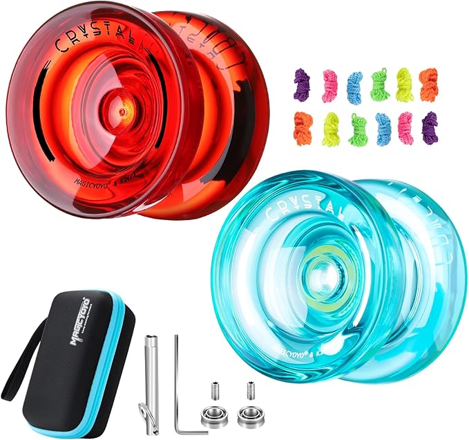 MAGICYOYO K2 Crystal Yoyo Responsive Yoyo for Kids, Plastic Yo Yo Professional with Unresponsive Bearing + 12 Yo-yo Strings, Yo-yo Storage Case, Bearing Removal, Axle Tool (Red + Green)