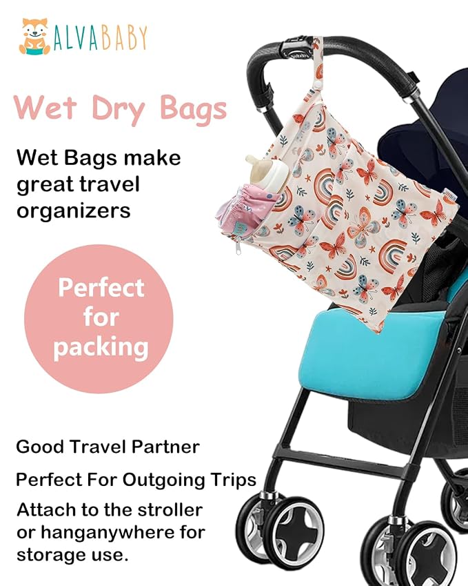 ALVA ALVABABY 2 pcs Cloth Diaper Wet Dry Bags Waterproof Reusable with Two Zippered Pockets Travel Beach Pool Daycare Soiled Baby Items Yoga Gym Bag for Swimsuits or Wet Clothes 2LM26