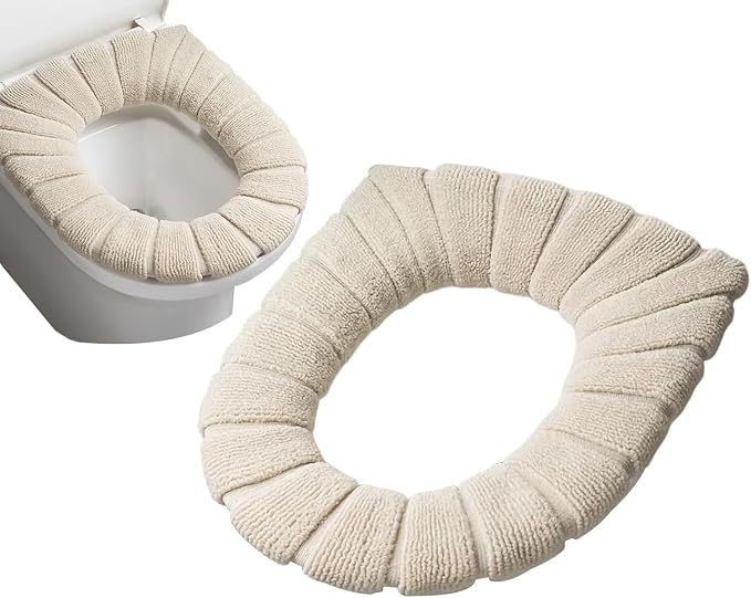 5 Pack Soft Washable Toilet Seat Covers, Thicker & Warmer Stretchable Cloth Pads for Bathroom, Cozy Pink Toilet Accessories Beige