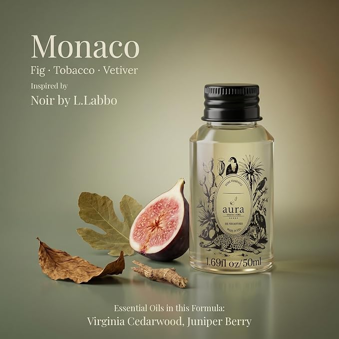 A U R A - Monaco Fragrance Oil for Waterless Scent Diffuser - Inspired by L.Labo-Noir | (1.7 fl oz, 50 ml) Pure Essential Oil Blends for Aromatherapy Diffuser & Hotel Collection Oil Diffuser