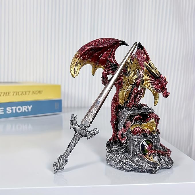 Dragon with Sword Collectible Statue Fantasy Figurine Resin Medieval Dungeons Creative Ornaments for Home,Shelf,Living Room Decor 7.68 Inches (Red)
