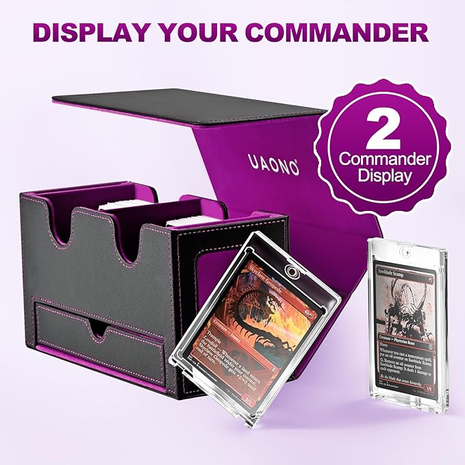 UAONO Card Deck Box for MTG, Double Card Storage Box with 2 Commander Display & 1 Dice Tray, Fits 200+ Double Sleeved Cards, Organizer for CCG TCG Sports Cards (Black Purple)