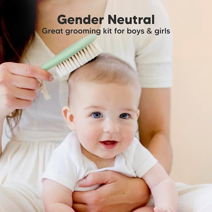 Wooden Baby Hair Brush Set for Newborns, Toddlers - Soft Goat Bristle Baby Brush and Comb Set Newborn Grooming Kit for Cradle Cap Care, Durable & Gentle, Boy, Girl Infant Essentials (Regular, Sage)
