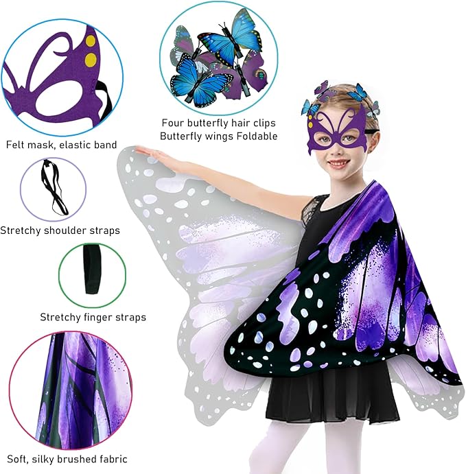 Kids Butterfly Wings Costume for Girls Fairy-Wings Mask Party Favors Gifts (Purple sets)