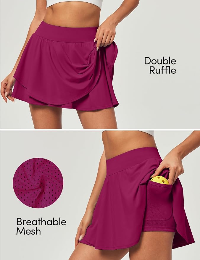 IUGA Tennis Skirt Pleated Skorts for Women with Pockets Skirts for Women | Double Ruffle Skort , Built-In Shorts, 2 Pockets, Tummy Control Breathable, Quick-dry, for Golf, Athletic, Running, Workout