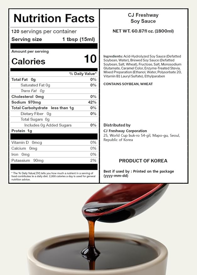 Korean Food CJ Freshway Naturally Brewed Soy Sauce, Cooking, 60.9oz (3.8lb) | Naturally brewed Korean soy sauce suitable for cooking, marinades, and family-size use