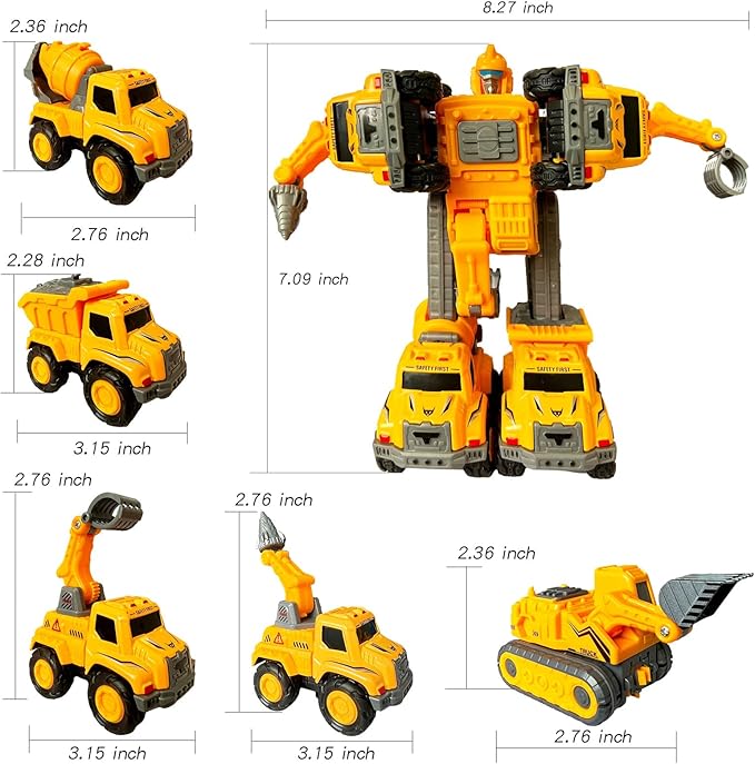 OTONOPI 5-In-1 Transforming Robot Toys - 5 Construction Trucks Transform into Huge Robot Alloy Deformation Combination Action Figures Set for Kids Toddler Boys Girl Age 3-12+