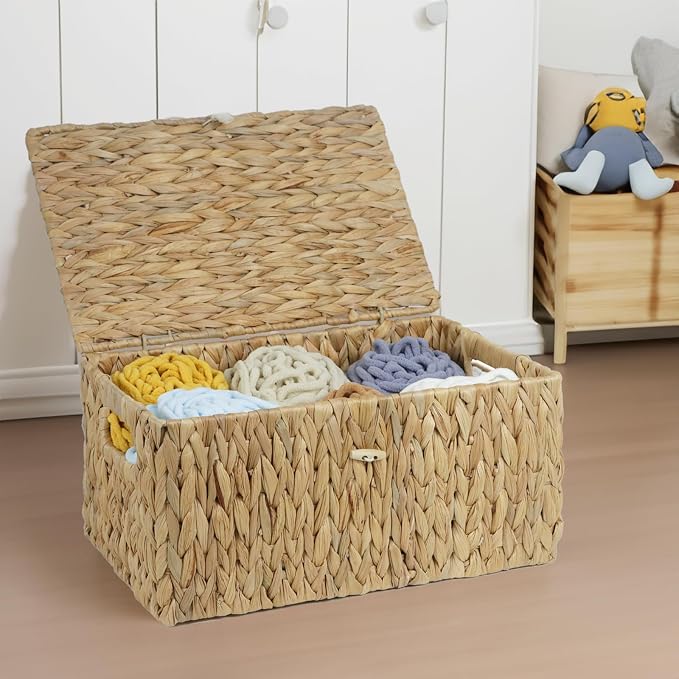 ORDELITE Water Hyacinth Wicker Storage Basket with Lid, Large | Rectangular Storage Box, Shelf Organizer Bin, Woven Home Storage, Multipurpose Design, Natural Decor