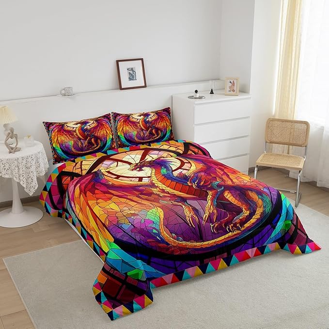 Feelyou Dragon Comforter Set Full Size Dragon Stuff Comforter for Boys Girls Teens Wild Life Bedding Set Dragon Decor Duvet Set Room Decor Orange Quilt Set