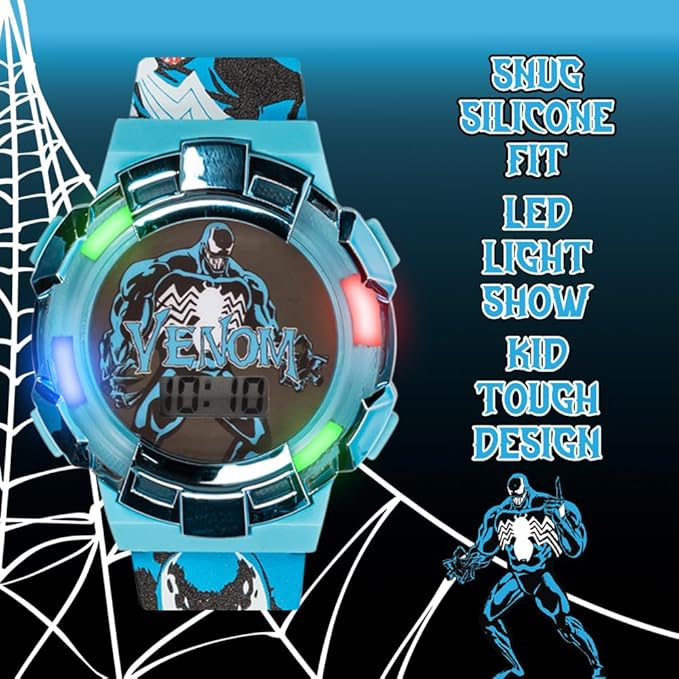 Marvel Venom Kids Watch – Light-Up Bezel with Rotating Lights, LCD Display, Easy-to-Read, Adjustable Plastic Strap – Perfect for Boys and Girls