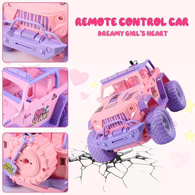 EOQIFJM Remote Control Car for Fog Mist & Music,1:16 RC Cars for Kids with DIY Sticker & Colorful Lights,2.4GHz All Terrain SUV Cars Toys Gifts,Pink,Dual Control