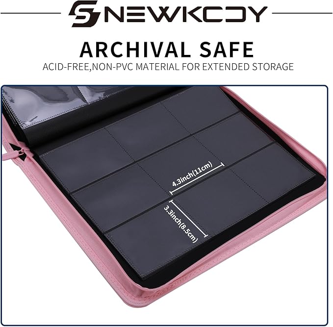 Snekdy Top loader Binder, 9 Pockets Top Loader，Holds 360 Top Loaders cards, Card binder with Sleeves for card in 3 x 4 inches color smooth Zipper PU Leather (Pink)