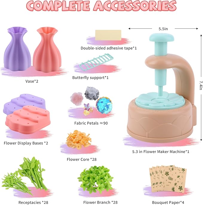Lufstd DIY Fabric Flower Bouquets Toys, Flower Making Kit for Kids, Fabric Flowers for Crafts, Creativity-Boosting Handmade Arts and Crafts Set for Family Stem Activities Ages 3-12