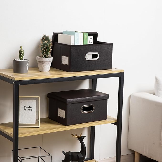 Collapsible Storage Box with Lid [3-Pack] Leather Fabric Foldable Storage Bin Organizer Container Basket Cube with Cover for Home Bedroom Closet Office Nursery Black(13.6x9.6x6.9)