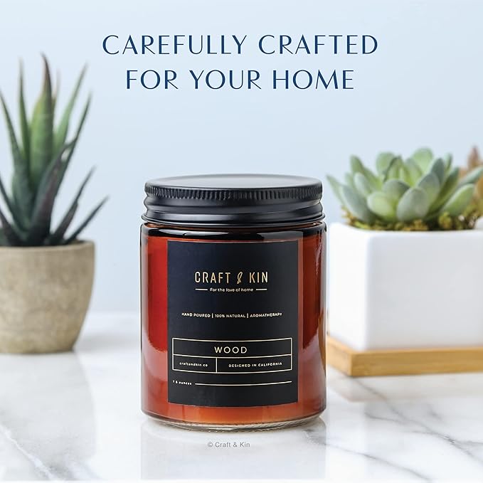 Craft & Kin Premium Wood Scented Candle – Long Lasting, 45 Hour Burn Time – Luxury Natural Soy Scented Candle – Room Decor and Aromatherapy – 8 oz