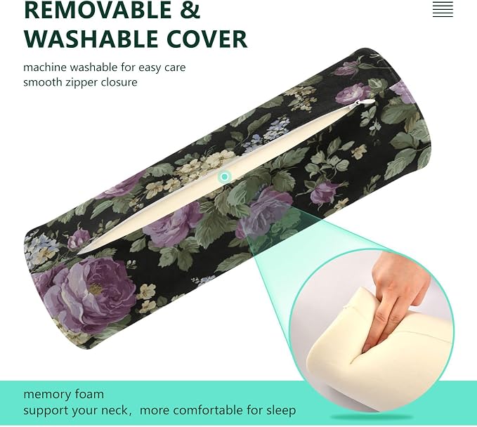 Vintage Purple Roses Neck Roll Pillow Bolster Round Health Memory Foam Long Cervical Cylinder Pillows with Removable Washable Cover for Body Bed Legs Back Yoga