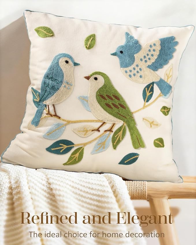 Animal Embroidered Throw Pillow Cover 20x20 Inch, Floral Birds | Decorative Pillow Cover, Cottagecore Cushion Cases with Hidden Zipper, Farmhouse Decor for Couch, Sofa, Living Room
