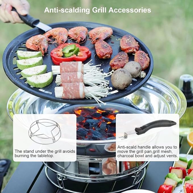 Korean BBQ Grill Charcoal, Small Charcoal Grill 13.7 Inches Portable Grill Stainless Steel Barbecue Grill Tabletop kbbq grill Outdoor Indoor Camping