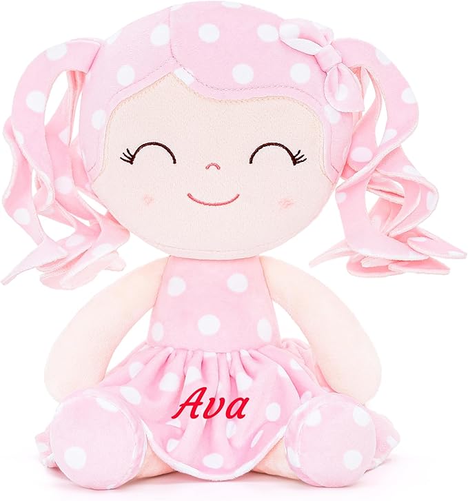 Gloveleya Personalized Baby Doll – Custom Name Plush Rag Doll, Pink Polka Dot Dress, Curly Hair, for Girls Birthday, Holidays & Keepsake, 12 Inches