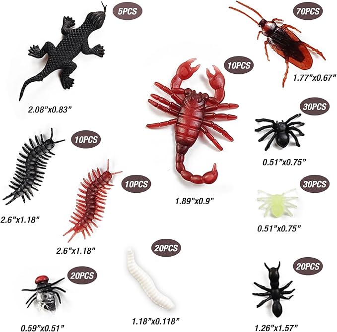 TIHOOD 225PCS Realistic Fake Bug Trick Joke Toys Cockroaches Spiders Centipedes Scorpions Worms Ants Flies Gecko for Halloween Party Fool's Day Decoration