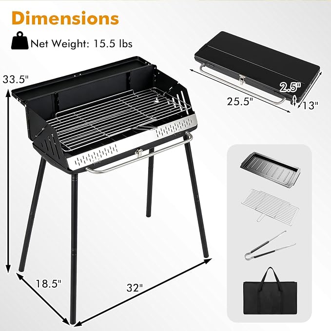 Giantex Portable Charcoal Grill with Detachable Legs, Compact BBQ Grill | Adjustable Grate, Spice Rack & Carrying Bag, Lightweight Barbecue Griddle for Backyard Party Camping Tailgating