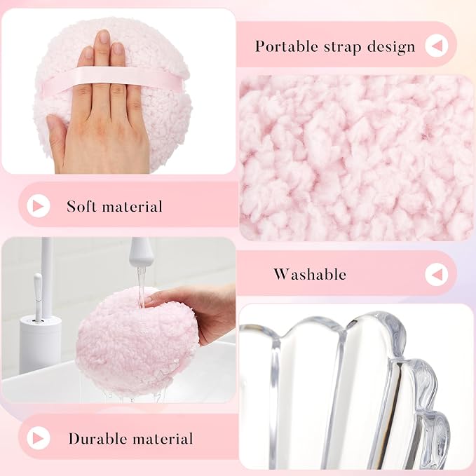 Tioncy 2 Pcs Extra Large Dusting Powder Puff and Container for Women-6'' Glass Crystal Dusting Powder Container Soft Washable Reusable Velour Face (Clear,Swirl)