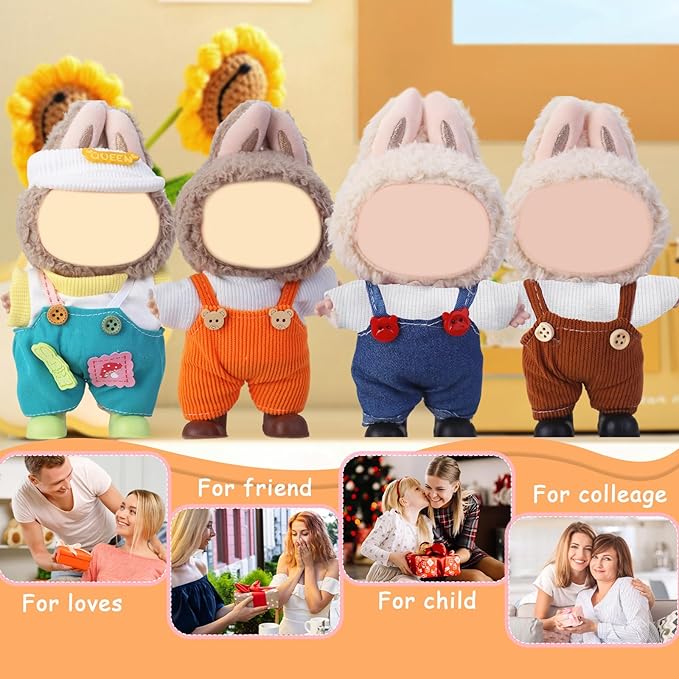 Doll Clothes for Labubu,Cute Outfit for 17cm Doll Clothe 2/3PCS Clothes and Hats Stylish Dolls Clothe for 17 cm Labubu,Casual Style Costumes for Labubu Dolls (Four-Color Overalls Set 4)