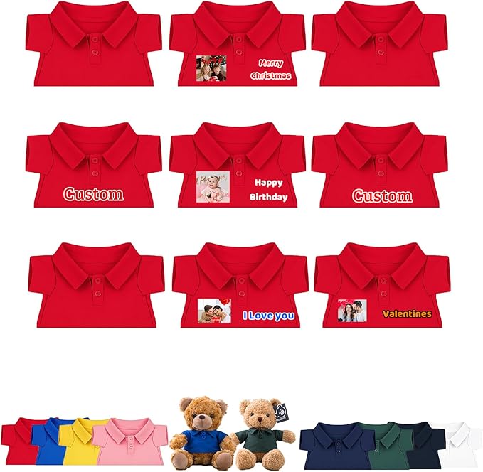9 Pcs Personalized Teddy Bear Clothes with Name Photo, Stuffed Animal Clothes for Teddy Bears Fit 8-16 inch Stuffed Bear Outfit, Personalized Doll Clothing Make Your Own Plush Doll Shirt