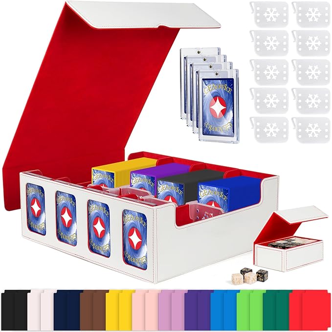 GEAoffice Trading Card Storage Box with Commander Display, 3200+ Card Deck Case with Magnetic Removable Lid, 4-Row Deck Box for MTG/TCG/Sports/Games, 10 Stoppers, 24 Dividers, 1 Dice Tray, White Red