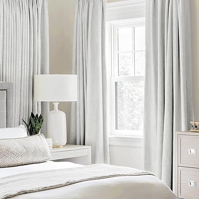 MIULEE 100% Blackout Linen Textured Curtains for Bedroom Solid Thermal Insulated Heathered White Grommet Room Darkening Curtains & Drapes Luxury Decor for Living Room 52 x 108 Inch (2 Panels)