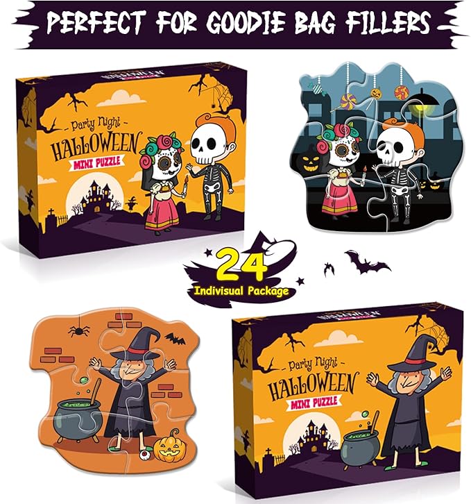 Shemira Halloween Party Favor - 24 Pack Jigsaw Puzzles, Trick or Treating Goodie Bag Filler, Miniature Novelty Toys for Kids