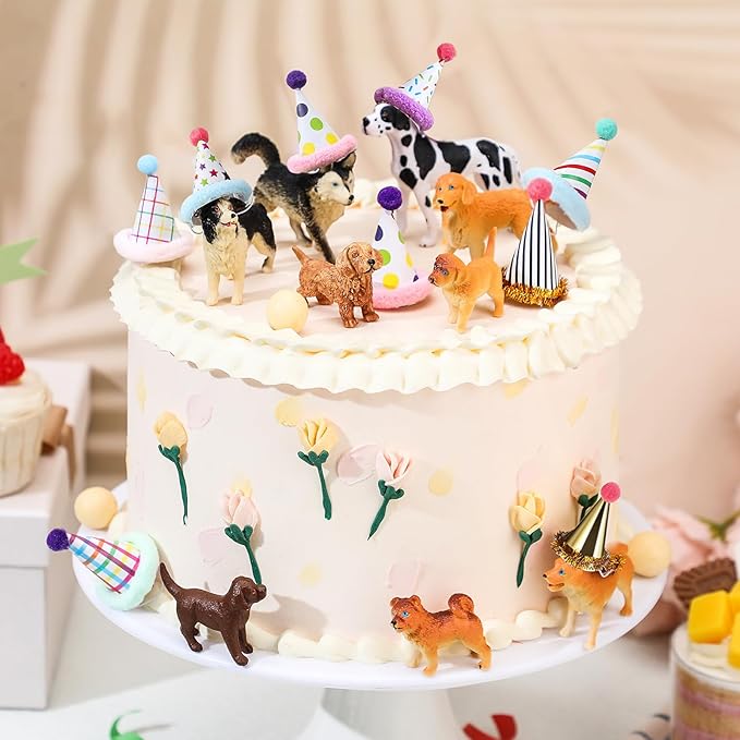 18 Pcs Dog Birthday Party Decorations Mini Birthday Hat Animal Figure Model Cake Toppers with Mini Hat for Birthday Party, Animals Themed Party