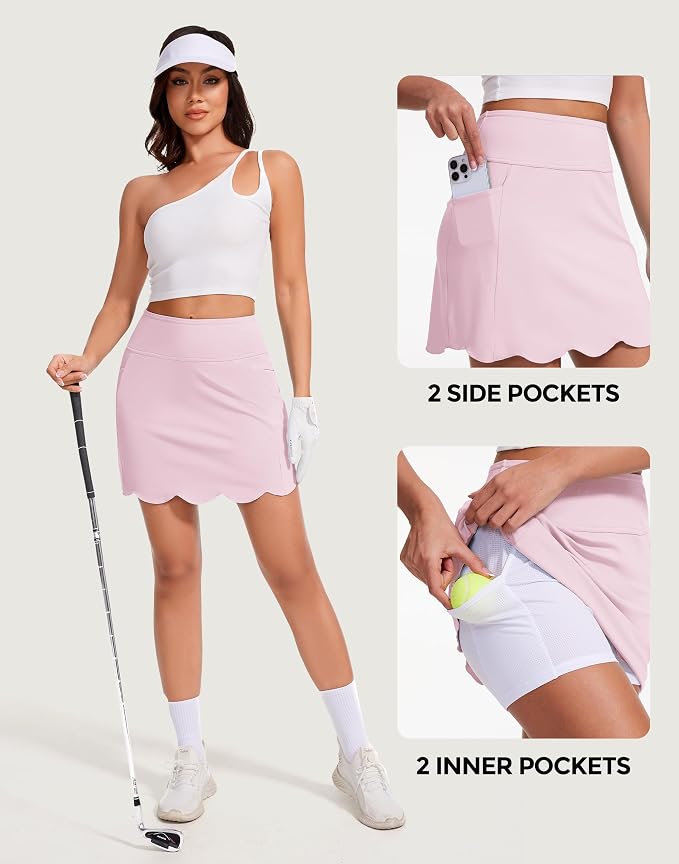 Skorts for Woman with Pockets 16" Golf Athletic Skirts Scalloped Hem Tennis Skirt Dressy Casual