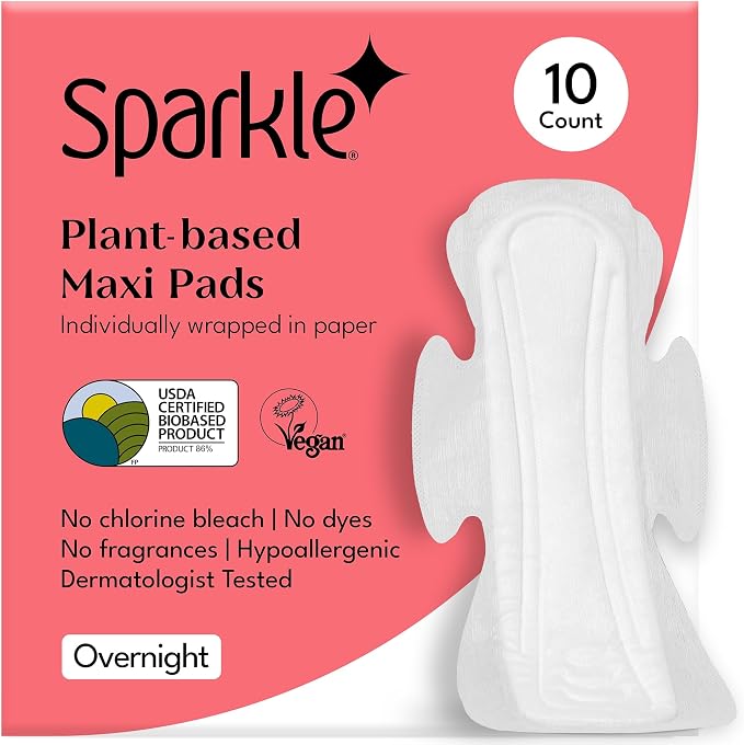 Sparkle Sanitary Pads for Women Overnight, Plant-Based Maxi Pads with Wings | Feminine Pads | Organic Pads | Period Pad Softer Than Cotton Pads, Heavy Absorbency, Unscented (Overnight Pads, 10 Count)