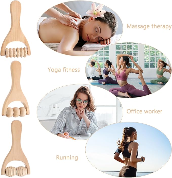 Abeillo 3Pcs Wooden Hand Massage Roller, Muscle Roller Stick, Manual Wood Therapy Massage Tools Massager Roller, for Relaxes Thigh, Leg, Hands Full Body Muscle Men Women