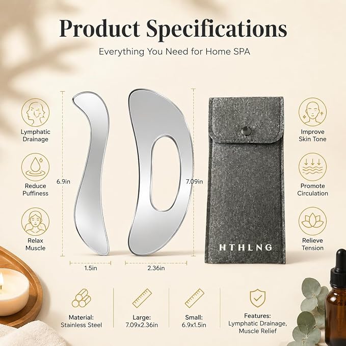 Stainless Steel Gua Sha Muscle Scraping Tool, Ergonomic Body Massage Scraper with Smooth Curved Edge, Handheld Manual Massager for Neck, Shoulders, Back, Arms and Legs, Includes Storage Pouch