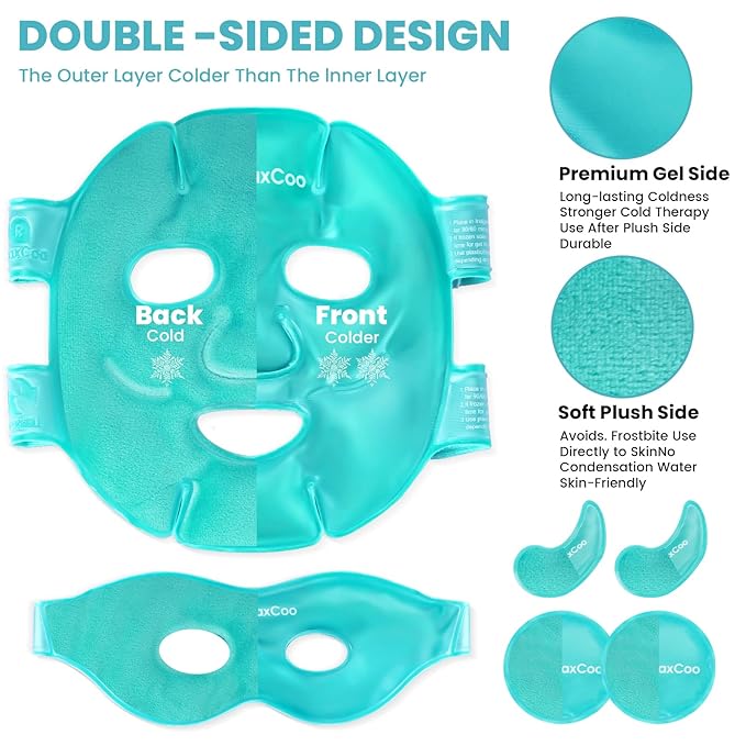 RelaxCoo Ice Face Eye Mask for Dark Circles and Puffiness Cold Warm Compress, Gel Cold Cooling Face Mask Package for Women and Men, Migraines, Headache, Stress and Relaxation