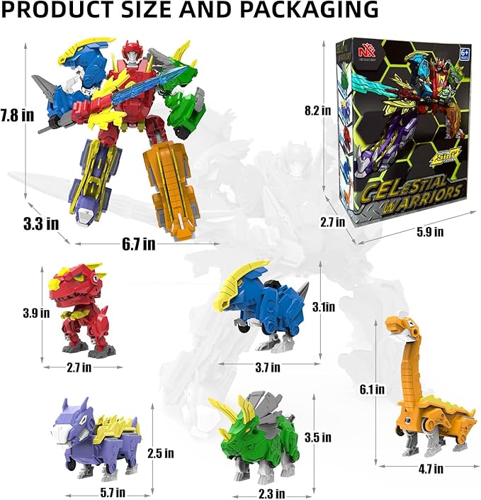 Robot Dinosaur Toys 5-in-1 Transforming Robot Including 5 Dinosaur Action Figures -Build & Combine into 8" Large Warrior with Weapon for 6 7 8 9 Year Old Boys