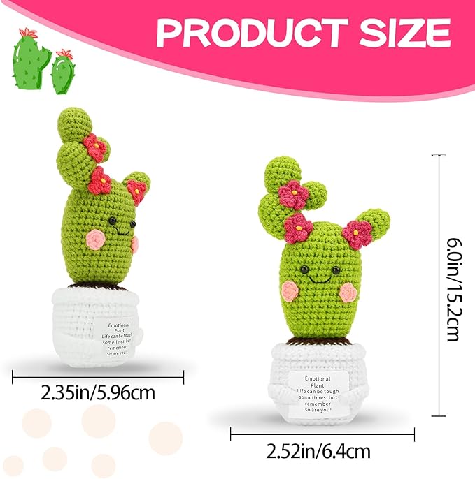 Hoedia Handmade Emotional Pickle Gift, Emotional Cucumber Crochet Doll Inspirational Gifts with Cards, Cute Knitted Funny Support Pickle Potato Friend Birthday (Blossom Cactus)